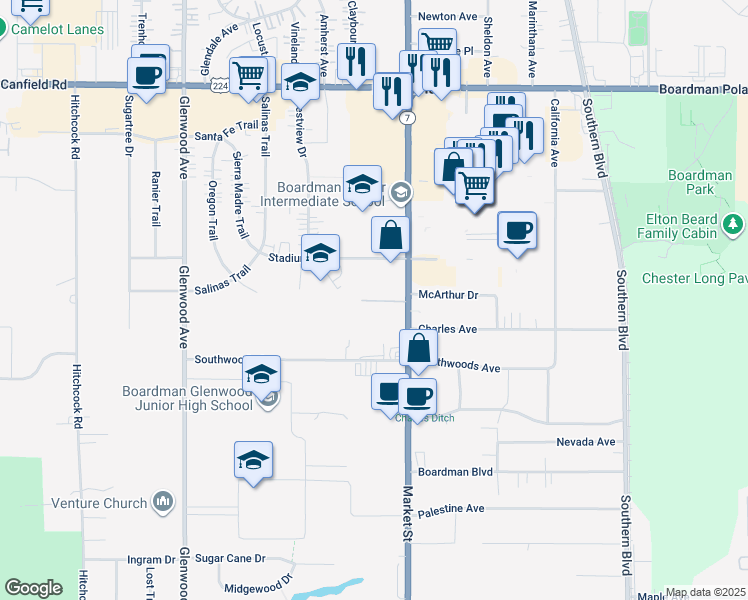 map of restaurants, bars, coffee shops, grocery stores, and more near 7544 Market Street in Youngstown