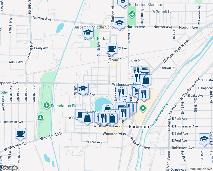map of restaurants, bars, coffee shops, grocery stores, and more near 570 West Hopocan Avenue in Barberton