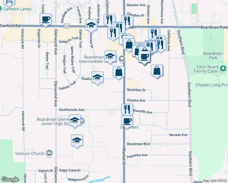 map of restaurants, bars, coffee shops, grocery stores, and more near 7544 Market Street in Youngstown