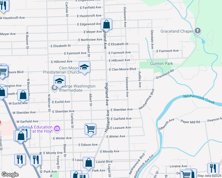 map of restaurants, bars, coffee shops, grocery stores, and more near 405 Sumner Avenue in New Castle