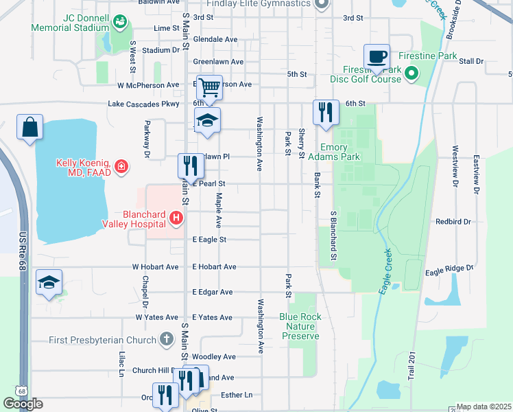 map of restaurants, bars, coffee shops, grocery stores, and more near 242 East Wallace Street in Findlay