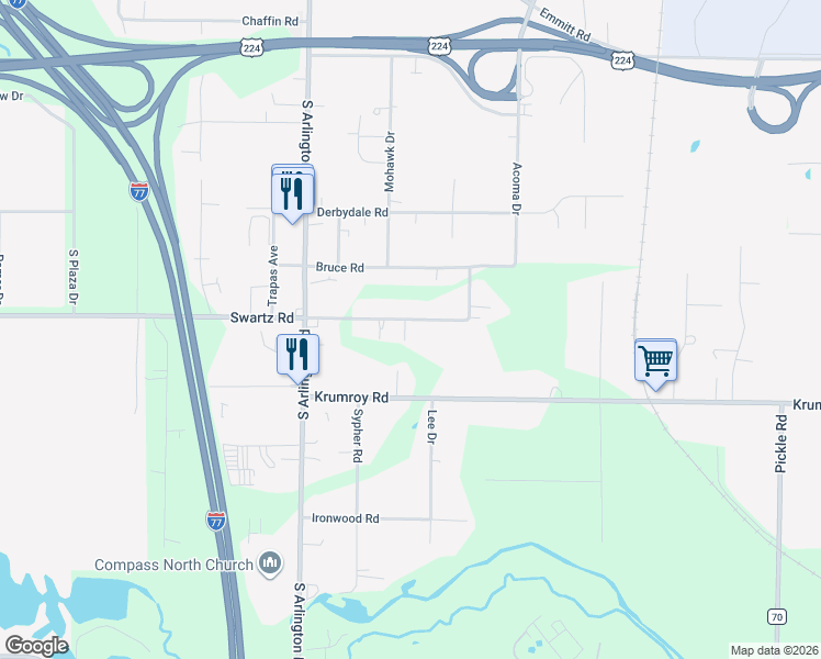 map of restaurants, bars, coffee shops, grocery stores, and more near 1168 Swartz Road in Akron