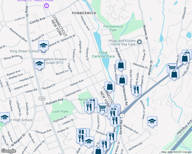 map of restaurants, bars, coffee shops, grocery stores, and more near 179 Hobart Avenue in Greenwich