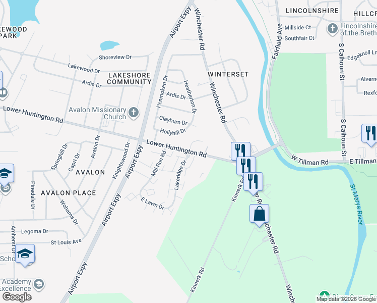 map of restaurants, bars, coffee shops, grocery stores, and more near 801 Lower Huntington Road in Fort Wayne