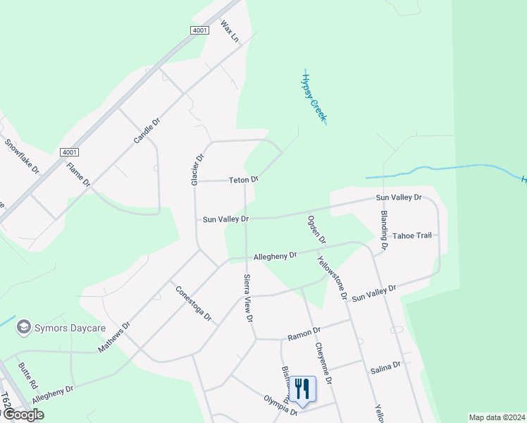 map of restaurants, bars, coffee shops, grocery stores, and more near 1614 Sun Valley Drive in Blakeslee