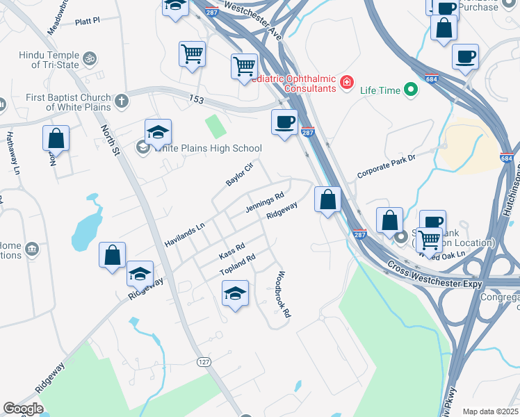 map of restaurants, bars, coffee shops, grocery stores, and more near 22 Woodbrook Road in White Plains