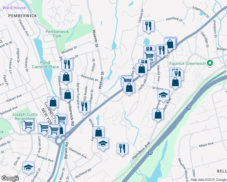 map of restaurants, bars, coffee shops, grocery stores, and more near 599 West Putnam Avenue in Greenwich