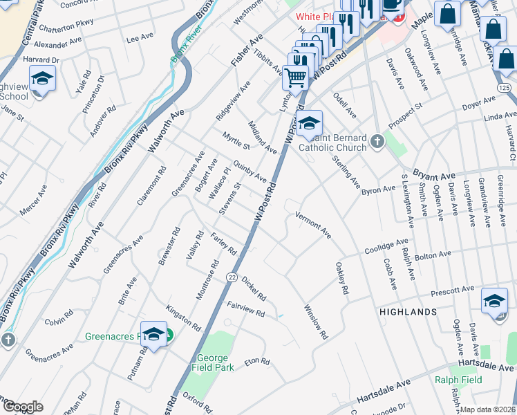 map of restaurants, bars, coffee shops, grocery stores, and more near 272 West Post Road in White Plains