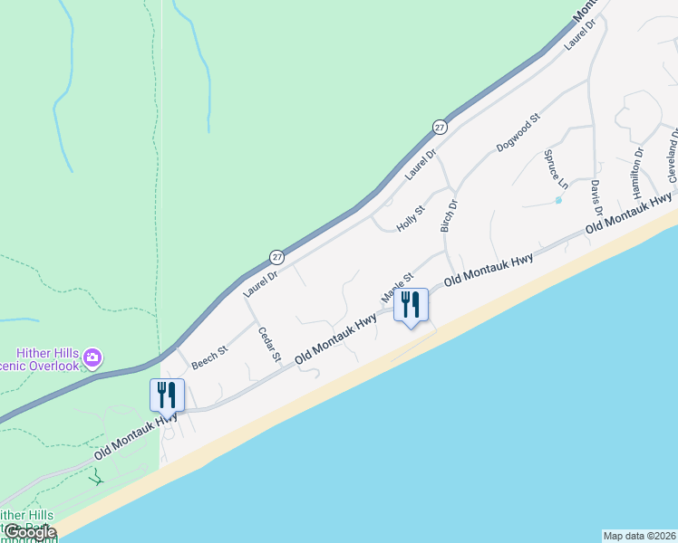 map of restaurants, bars, coffee shops, grocery stores, and more near 19 Elm Lane in Montauk