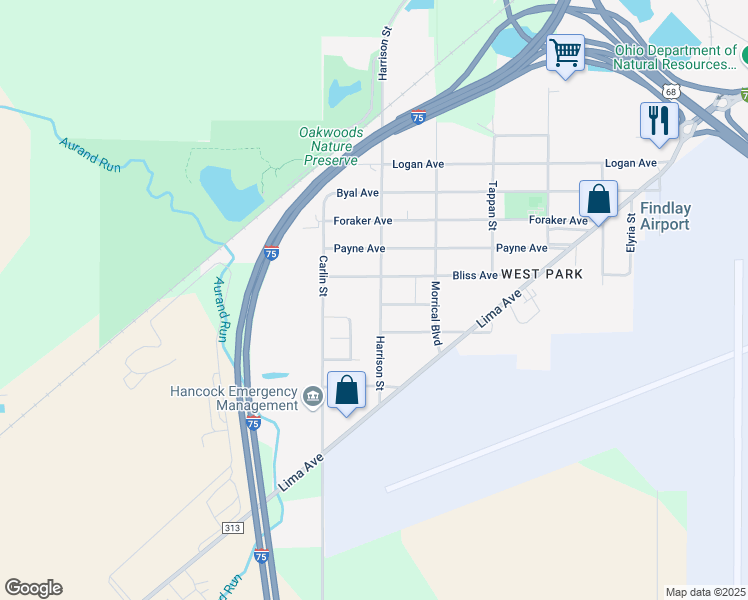 map of restaurants, bars, coffee shops, grocery stores, and more near 1730 Harrison Street in Findlay
