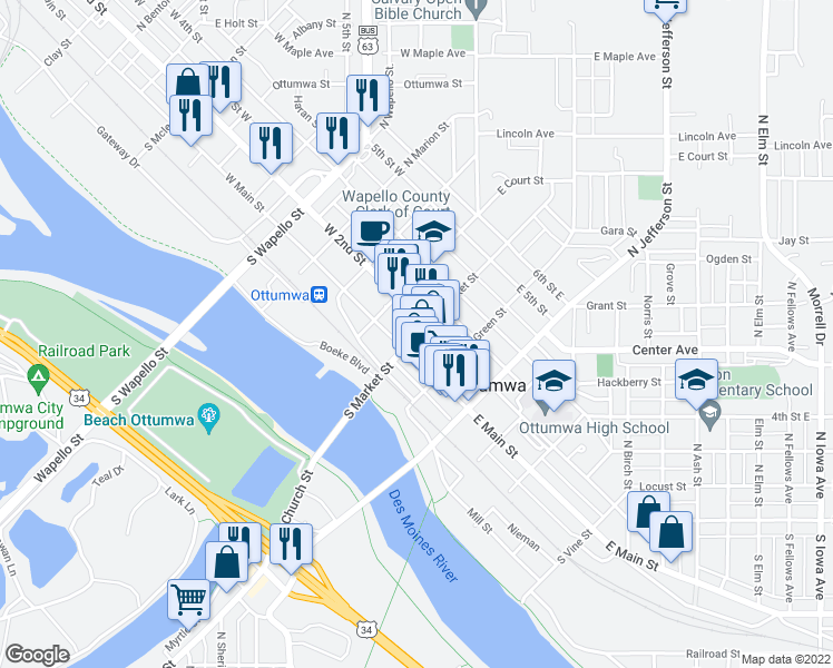 map of restaurants, bars, coffee shops, grocery stores, and more near 116 S Market St in Ottumwa