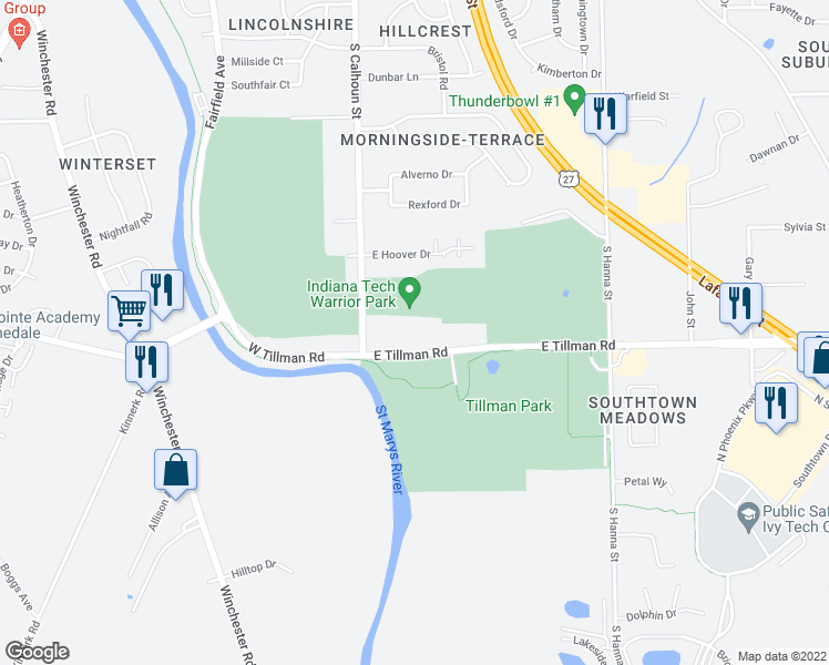 map of restaurants, bars, coffee shops, grocery stores, and more near 223 East Tillman Road in Fort Wayne