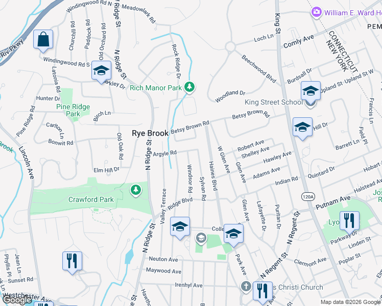 map of restaurants, bars, coffee shops, grocery stores, and more near 92 Windsor Road in Rye Brook