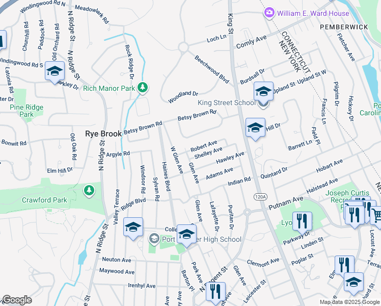 map of restaurants, bars, coffee shops, grocery stores, and more near 111 Robert Avenue in Port Chester