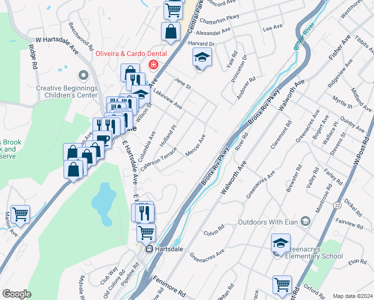 map of restaurants, bars, coffee shops, grocery stores, and more near 63 Mercer Avenue in Hartsdale