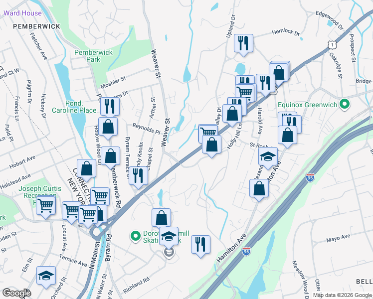 map of restaurants, bars, coffee shops, grocery stores, and more near 599 West Putnam Avenue in Greenwich