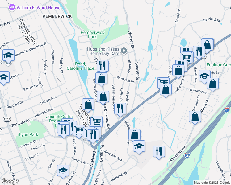 map of restaurants, bars, coffee shops, grocery stores, and more near 45 Byram Terrace Drive in Greenwich