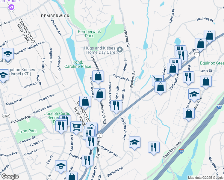 map of restaurants, bars, coffee shops, grocery stores, and more near 45 Byram Terrace Drive in Greenwich