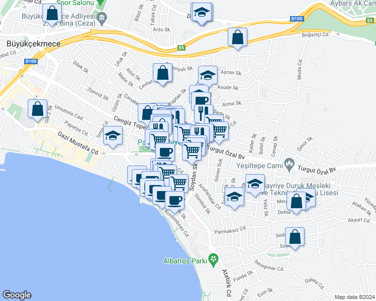 map of restaurants, bars, coffee shops, grocery stores, and more near Turgut Özal Bulvarı in Büyükçekmece