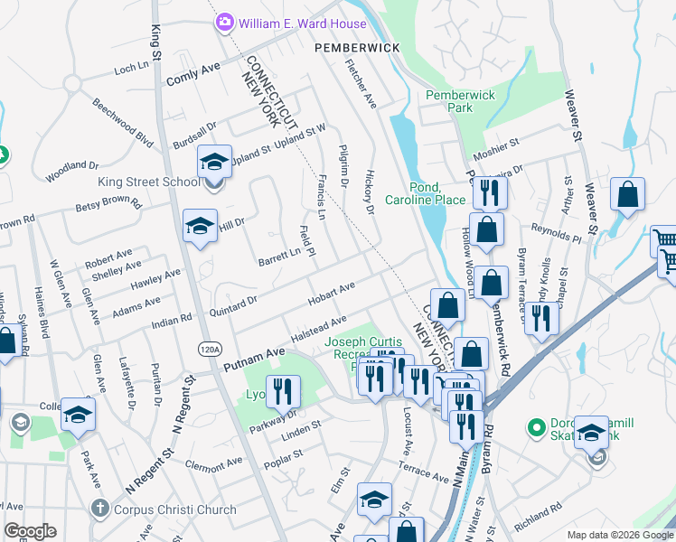 map of restaurants, bars, coffee shops, grocery stores, and more near 54 Quintard Drive in Port Chester