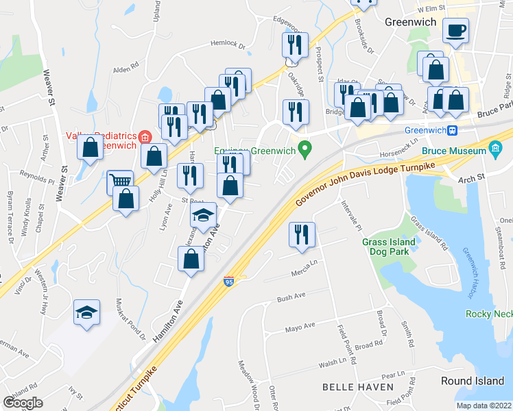 map of restaurants, bars, coffee shops, grocery stores, and more near 18 Stone Avenue in Greenwich