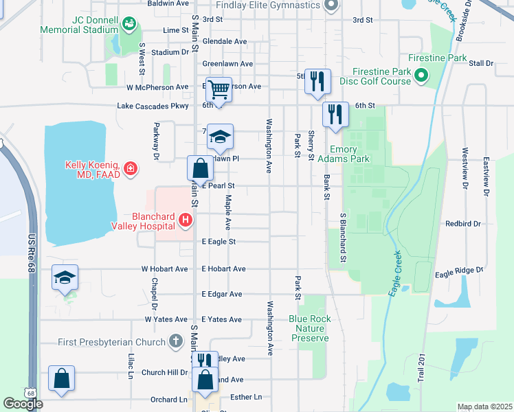 map of restaurants, bars, coffee shops, grocery stores, and more near 242 East Wallace Street in Findlay