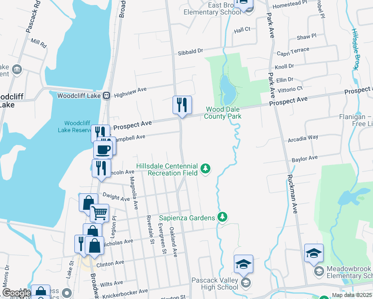 map of restaurants, bars, coffee shops, grocery stores, and more near 20 Kinderkamack Road in Woodcliff Lake