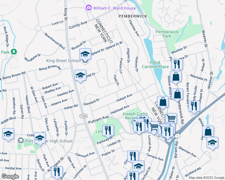 map of restaurants, bars, coffee shops, grocery stores, and more near 39 Quintard Drive in Port Chester