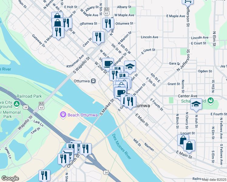 map of restaurants, bars, coffee shops, grocery stores, and more near 119 East Main Street in Ottumwa