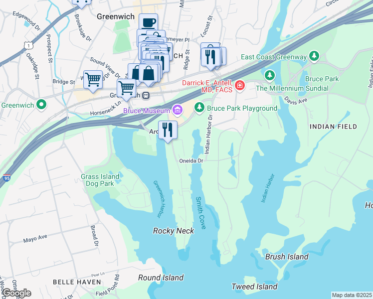 map of restaurants, bars, coffee shops, grocery stores, and more near 17 Davenport Avenue in Greenwich
