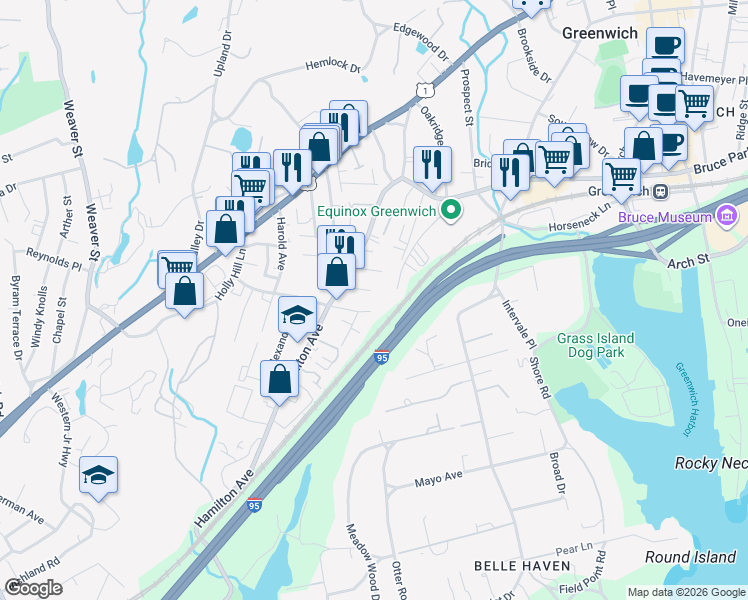 map of restaurants, bars, coffee shops, grocery stores, and more near 18 Stone Avenue in Greenwich