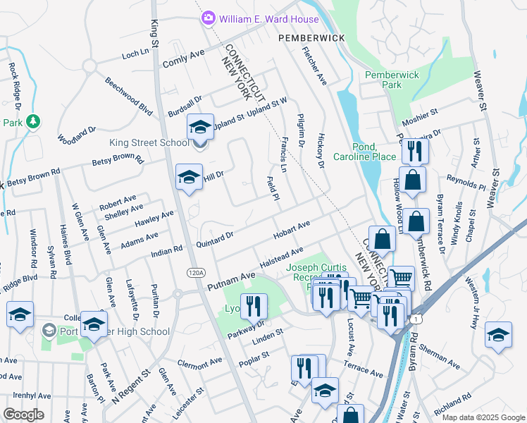 map of restaurants, bars, coffee shops, grocery stores, and more near 39 Quintard Drive in Port Chester