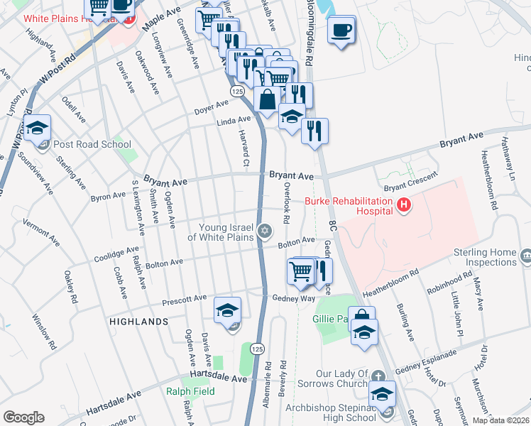 map of restaurants, bars, coffee shops, grocery stores, and more near 119 New York 125 in White Plains