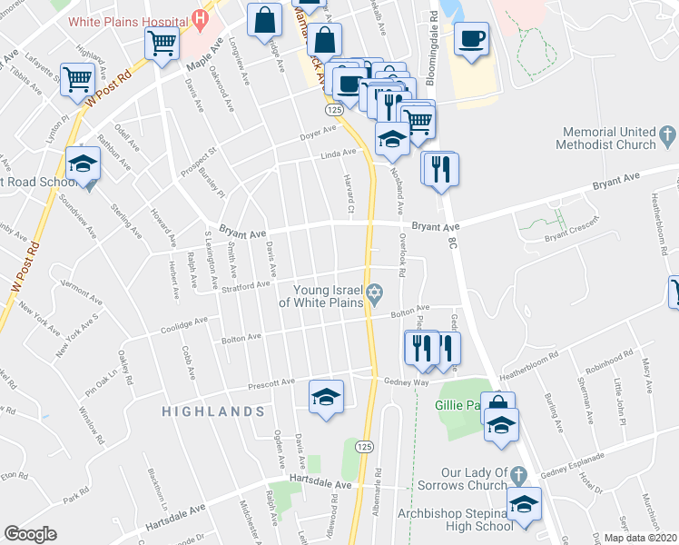 map of restaurants, bars, coffee shops, grocery stores, and more near 113 Greenridge Avenue in White Plains