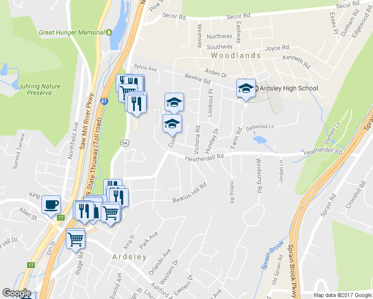 map of restaurants, bars, coffee shops, grocery stores, and more near 9 Morningside Road in Ardsley