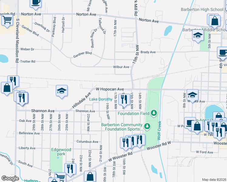 map of restaurants, bars, coffee shops, grocery stores, and more near 940 West Hopocan Avenue in Barberton