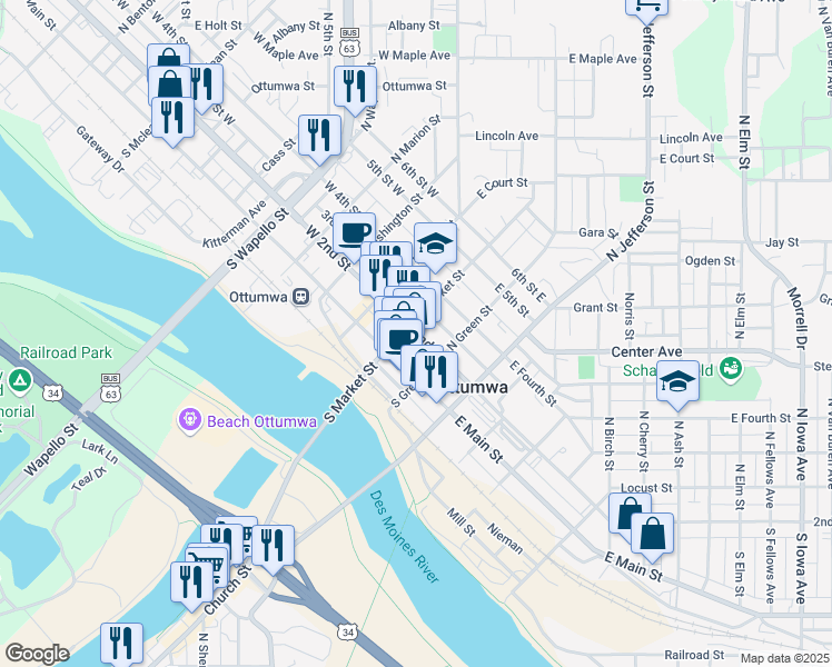 map of restaurants, bars, coffee shops, grocery stores, and more near 222 2nd Street East in Ottumwa