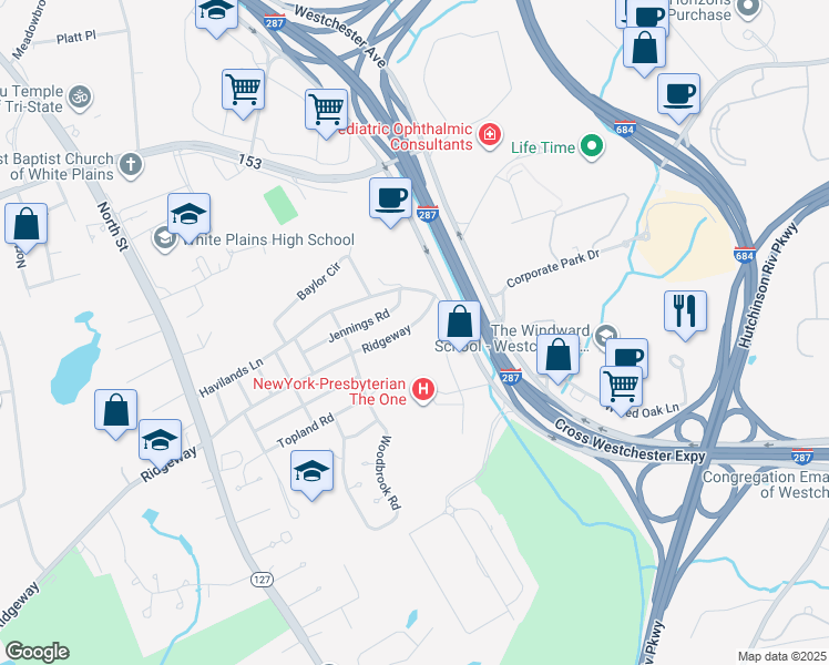 map of restaurants, bars, coffee shops, grocery stores, and more near 683 Ridgeway in White Plains