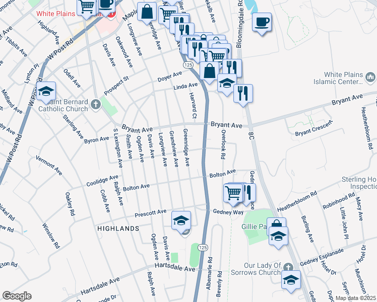map of restaurants, bars, coffee shops, grocery stores, and more near 113 Greenridge Avenue in White Plains