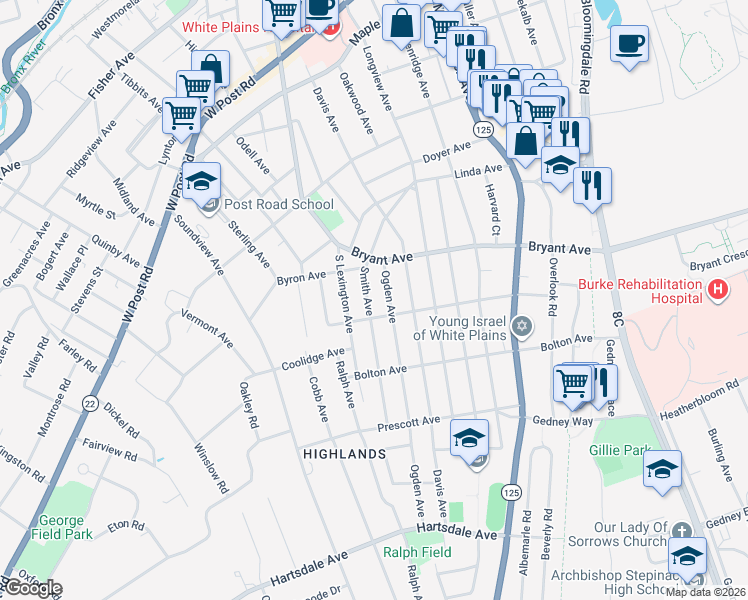 map of restaurants, bars, coffee shops, grocery stores, and more near 63 Smith Avenue in White Plains