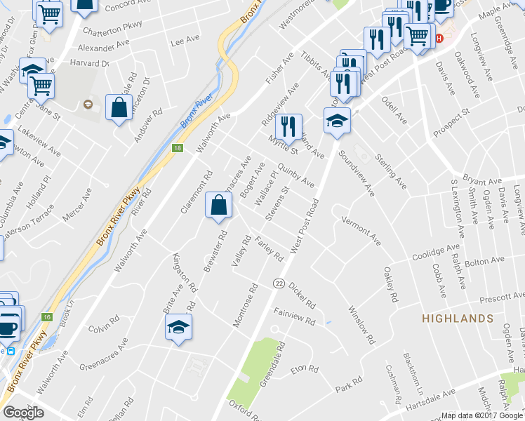 map of restaurants, bars, coffee shops, grocery stores, and more near 58 Walton Avenue in White Plains
