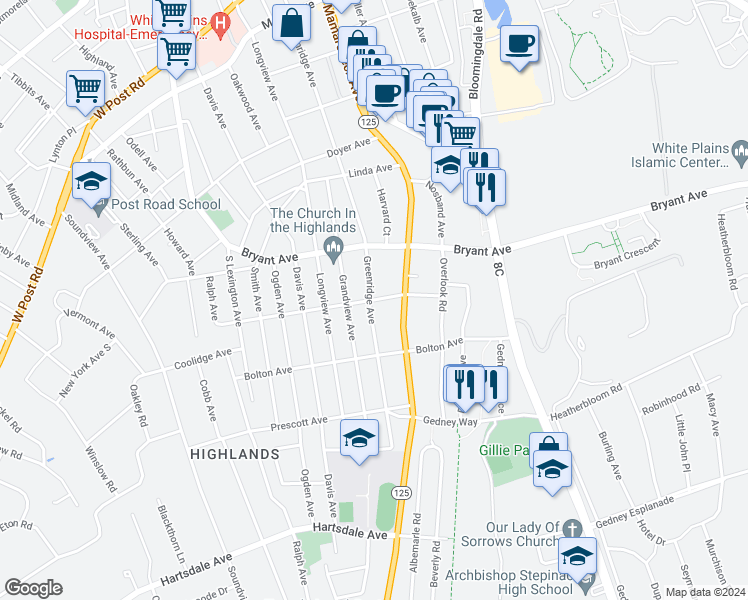 map of restaurants, bars, coffee shops, grocery stores, and more near 113 Greenridge Avenue in White Plains