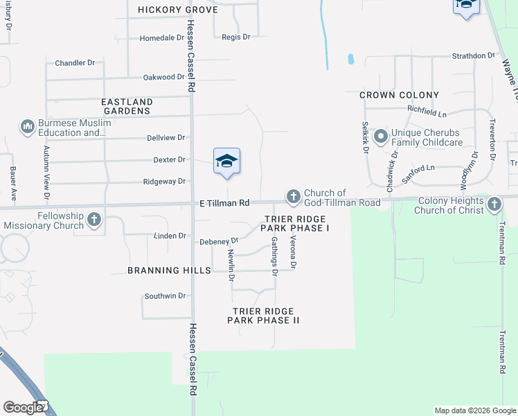 map of restaurants, bars, coffee shops, grocery stores, and more near 3520 East Tillman Road in Fort Wayne