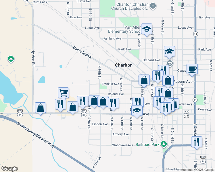 map of restaurants, bars, coffee shops, grocery stores, and more near 1508 Franklin Avenue in Chariton
