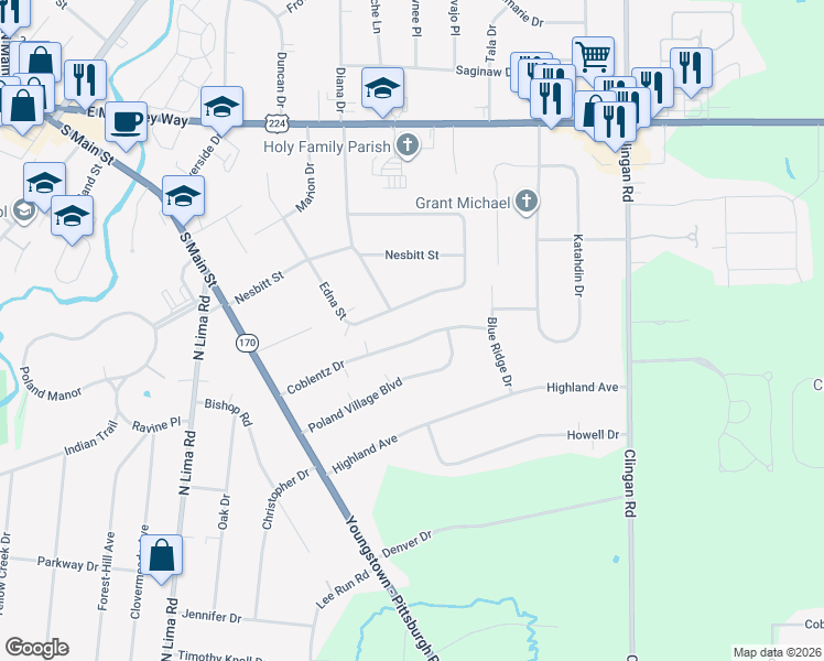 map of restaurants, bars, coffee shops, grocery stores, and more near 2770 Coblentz Drive in Youngstown