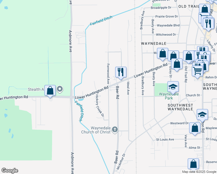 map of restaurants, bars, coffee shops, grocery stores, and more near 3505 Lower Huntington Road in Fort Wayne