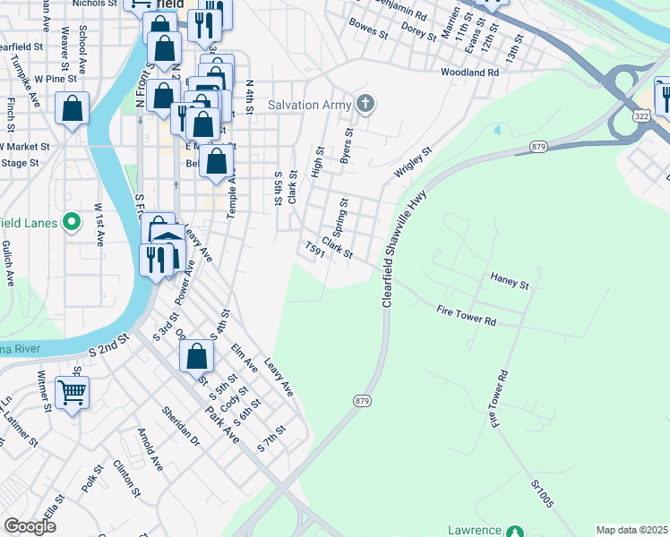 map of restaurants, bars, coffee shops, grocery stores, and more near 205 Spring Street in Clearfield