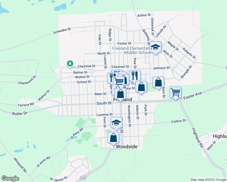 map of restaurants, bars, coffee shops, grocery stores, and more near 841 Main St in Freeland