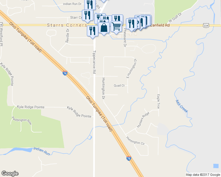 map of restaurants, bars, coffee shops, grocery stores, and more near 1351 Quail Court in Youngstown