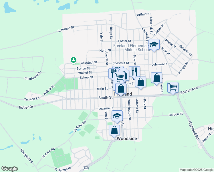map of restaurants, bars, coffee shops, grocery stores, and more near 604 Fern St in Freeland
